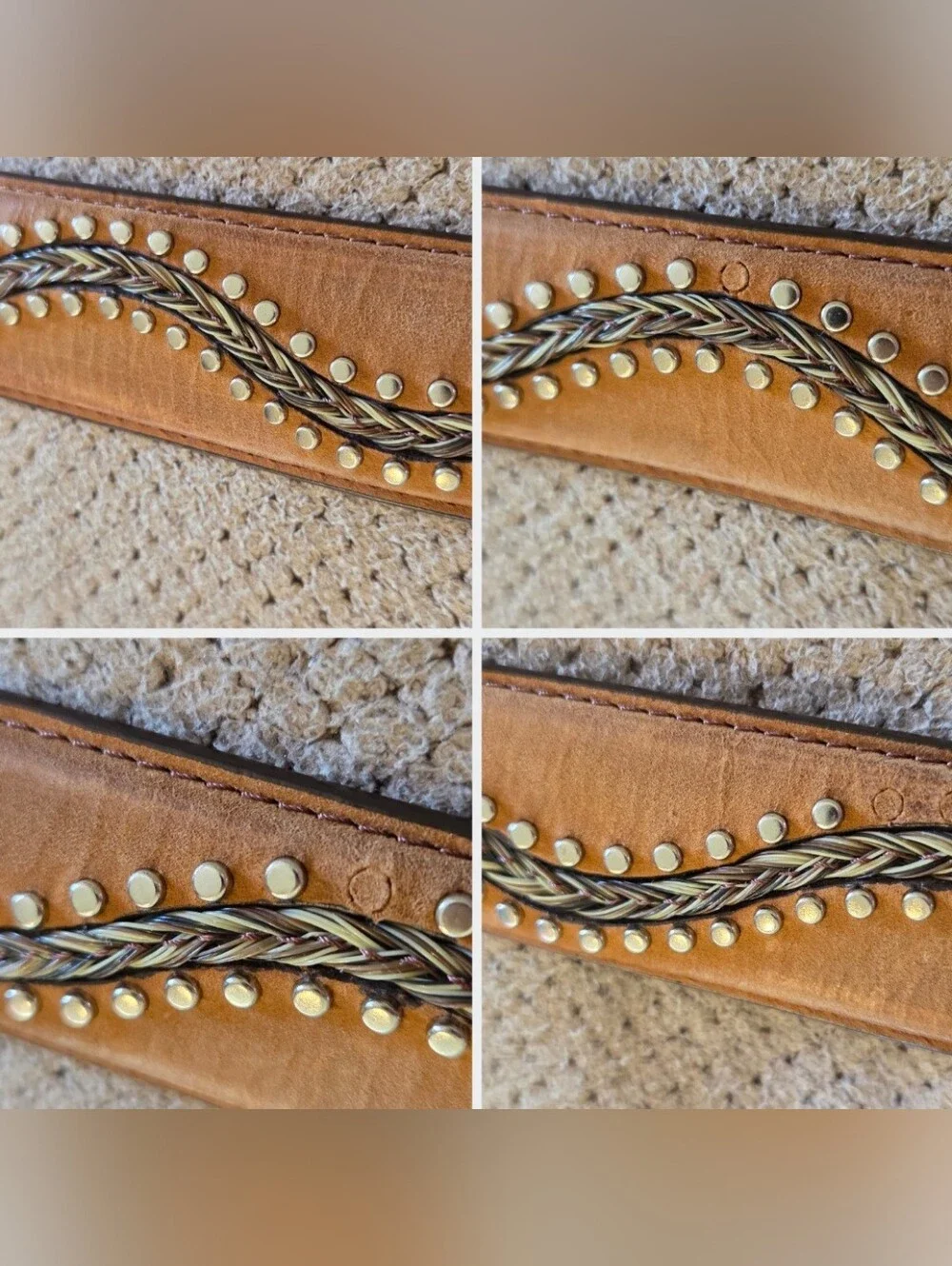 Vintage 1990's 3-D DDD Genuine Leather brown studded Braided Horse Hair Belt - Picture 4 of 16
